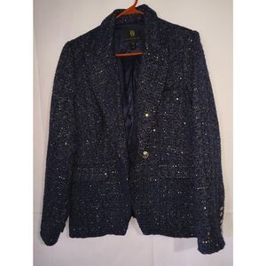 House of Harlow 1960 blue double-breasted tweed jacket shimmering metallic threa